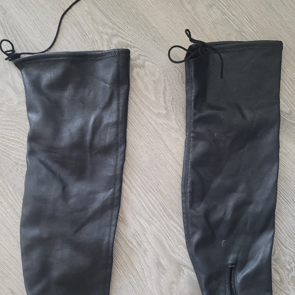 Over-the-knee High Faux Leather Black Boots with Ties - Picture 2 of 6